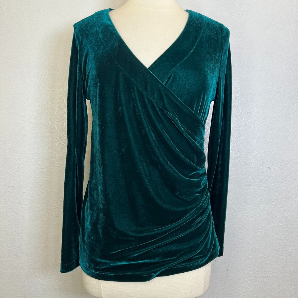 Soft Surroundings Velvet Surplice Wrap Top Green Holiday Christmas Size S